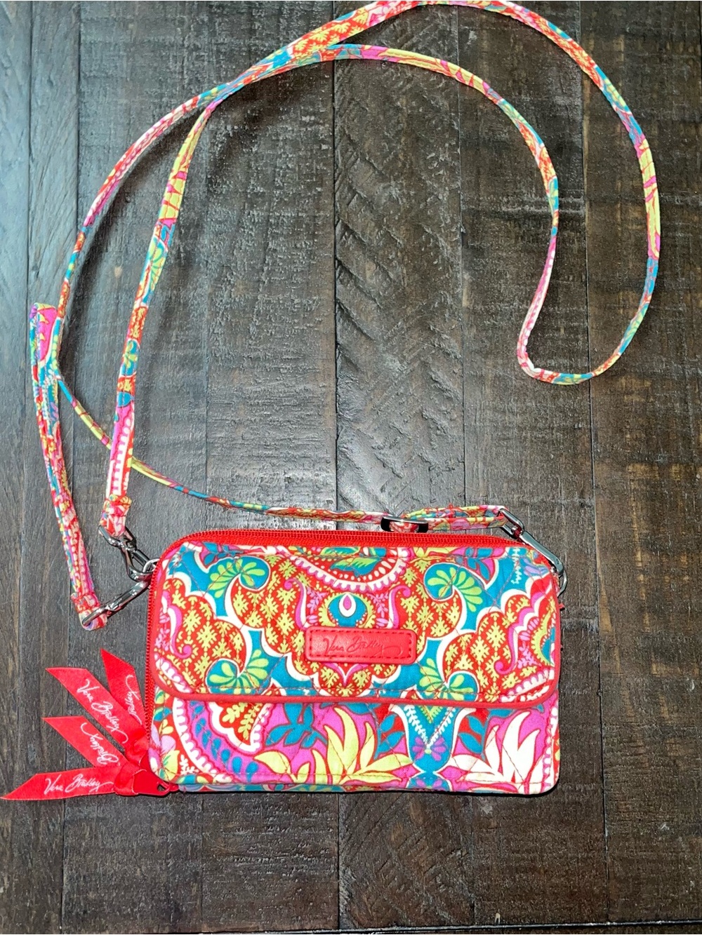 Vera Bradley Multicolor Floral Quilted Crossbody Wristlet with Pink-Red Accents